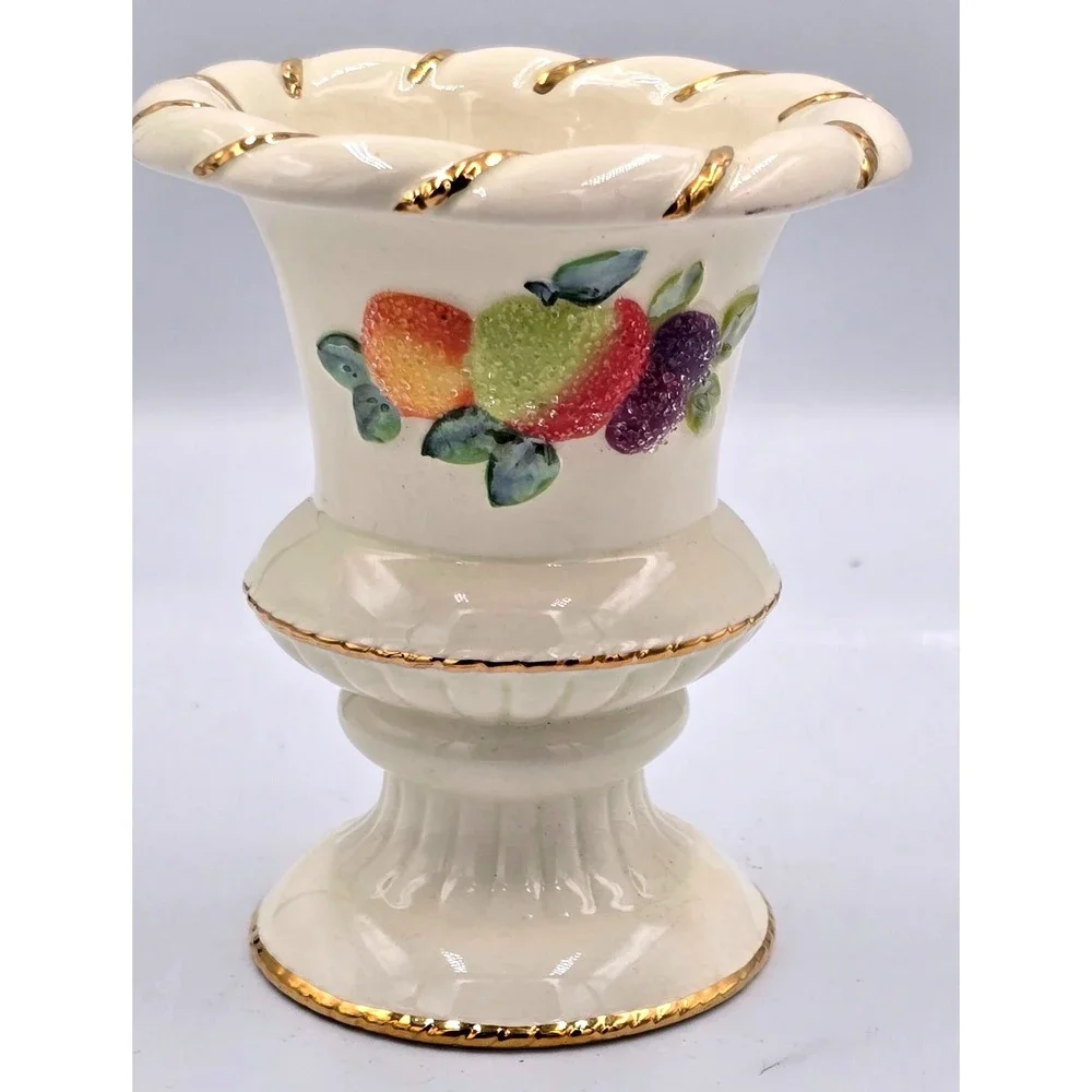 Vintage Sugared Fruit Ivory Ceramic Pedestal Candle Holder Gold Gilt Trim Single